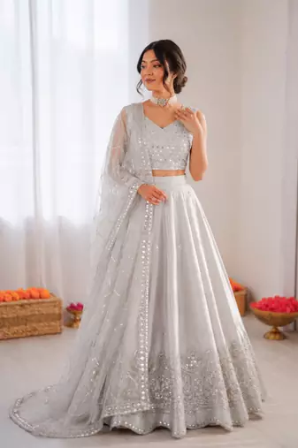 light grey jatan silk thread sequin lehenga choli set