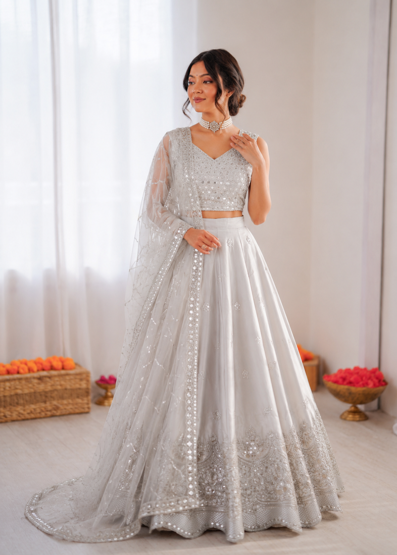 light grey jatan silk thread sequin lehenga choli set