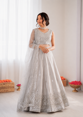 light grey jatan silk thread sequin lehenga choli set 2