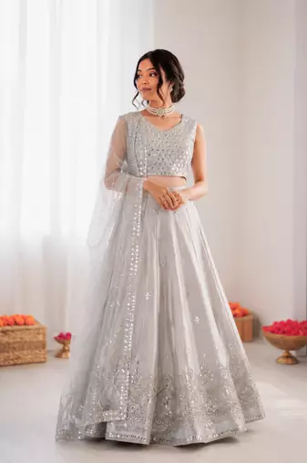 light grey jatan silk thread sequin lehenga choli set