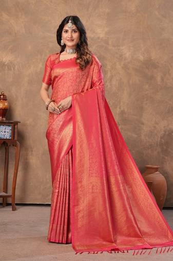 red silk blend floral woven zari design saree with blouse 
