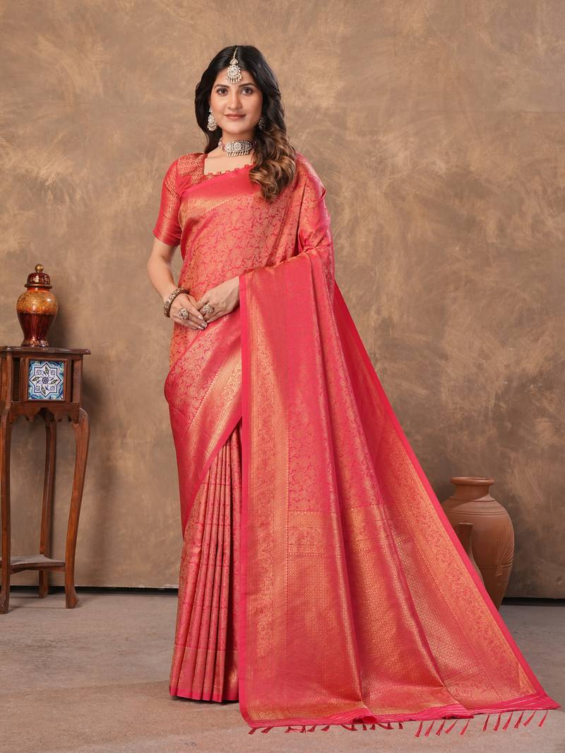 red silk blend floral woven zari design saree with blouse 