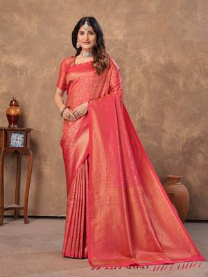 red silk blend floral woven zari design saree with blouse  1