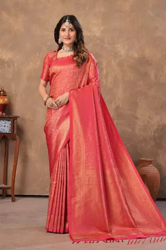 red silk blend floral woven zari design saree with blouse 