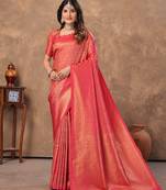 red silk blend floral woven zari design saree with blouse 