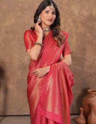 red silk blend floral woven zari design saree with blouse  2