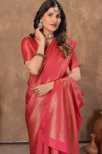 red silk blend floral woven zari design saree with blouse 