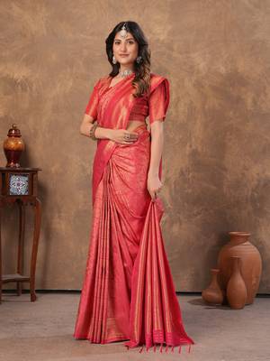 red silk blend floral woven zari design saree with blouse  3