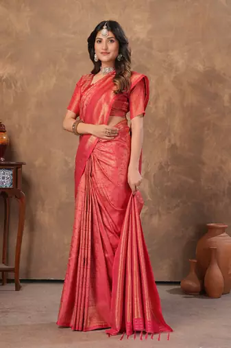 red silk blend floral woven zari design saree with blouse 