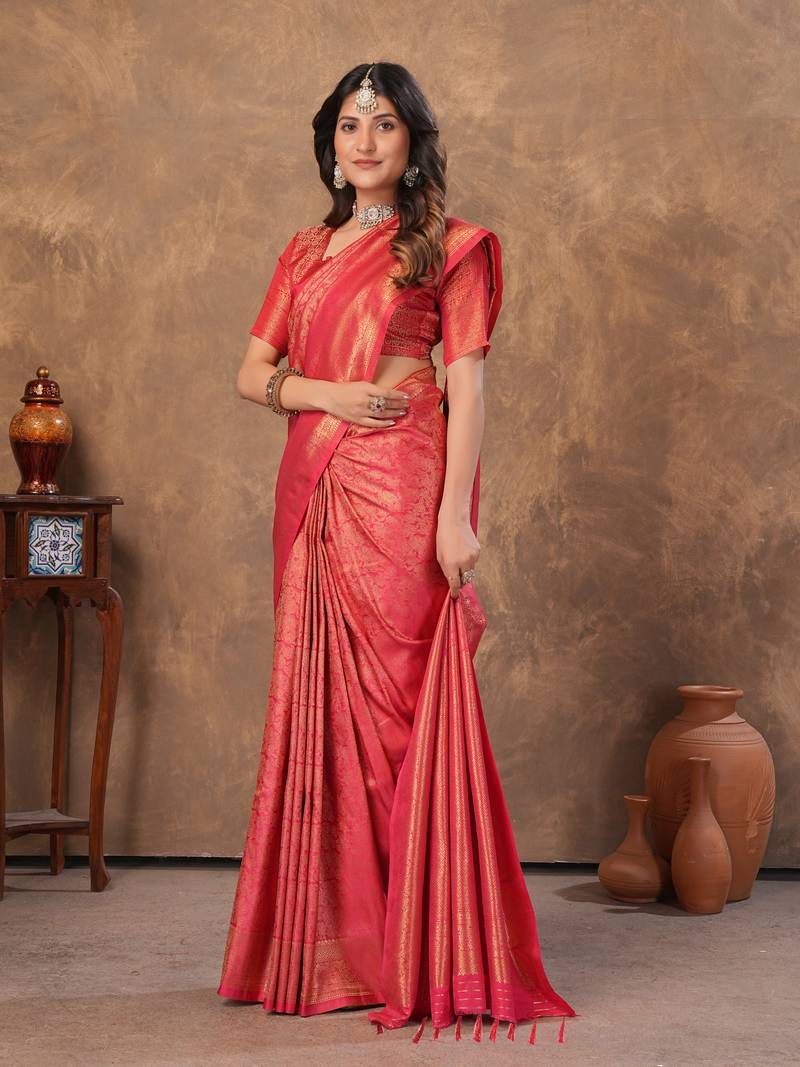 red silk blend floral woven zari design saree with blouse 