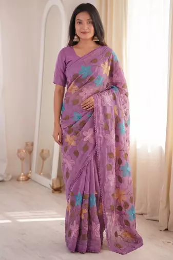 Designer viscose crunchy silk blend saree with floral embroidery, fancy lace border & swarovski diamond work