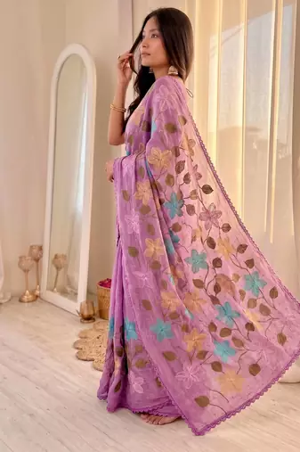  viscose crunchy silk blend saree with floral embroidery fancy lace border & swarovski diamond work