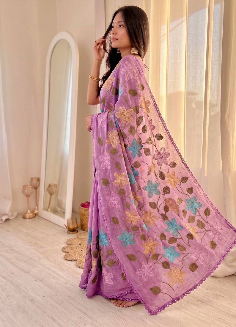 Designer viscose crunchy silk saree with floral embroidery, fancy lace border & swarovski diamond work