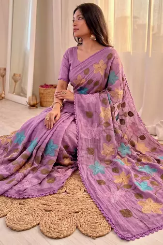  viscose crunchy silk blend saree with floral embroidery fancy lace border & swarovski diamond work