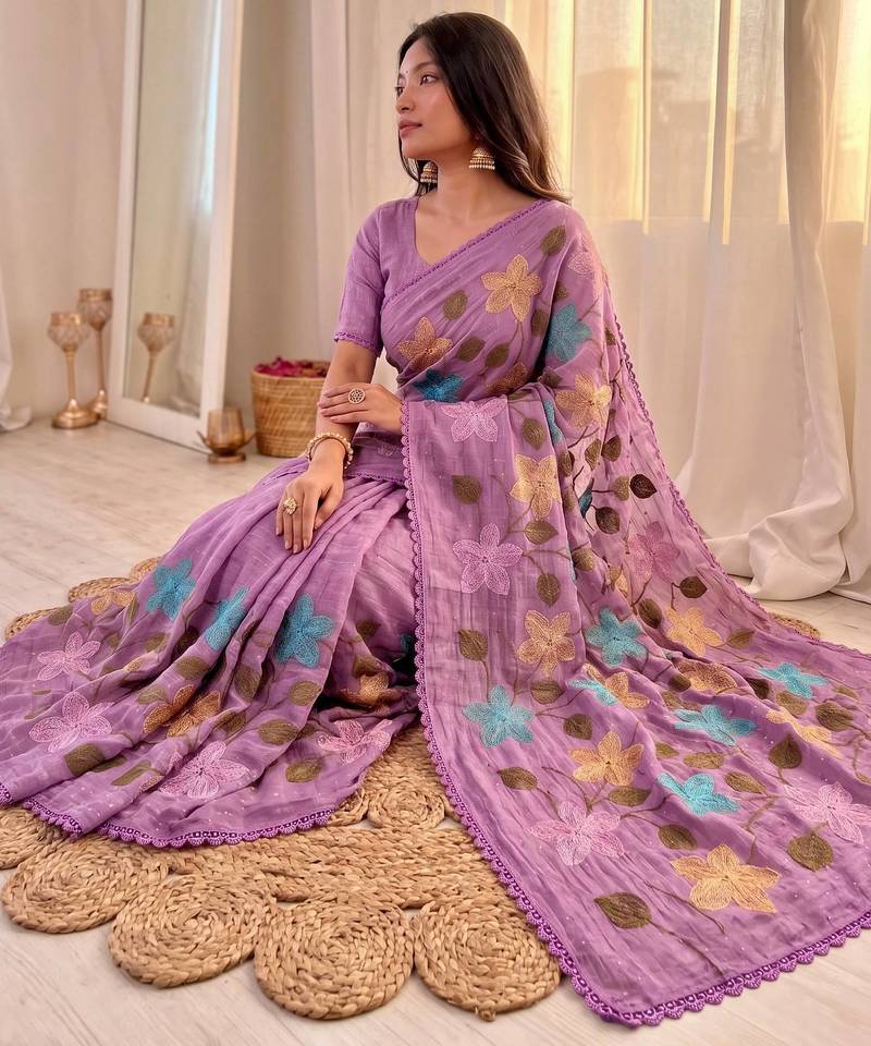 Designer viscose crunchy silk saree with floral embroidery, fancy lace border & swarovski diamond work