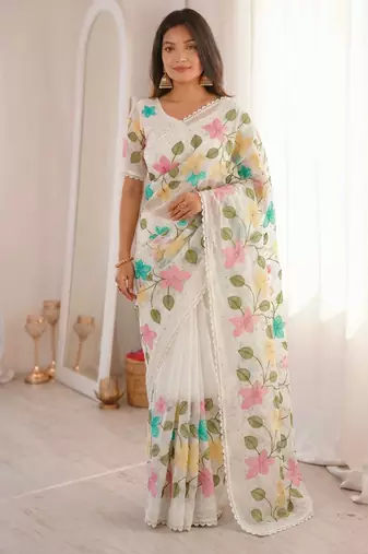 Designer viscose crunchy silk blend saree with floral embroidery, fancy lace border & swarovski diamond work