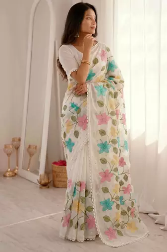  viscose crunchy silk blend saree with floral embroidery fancy lace border & swarovski diamond work