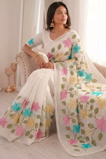  viscose crunchy silk blend saree with floral embroidery fancy lace border & swarovski diamond work