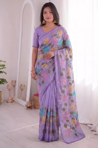 Designer viscose crunchy silk blend saree with floral embroidery, fancy lace border & swarovski diamond work