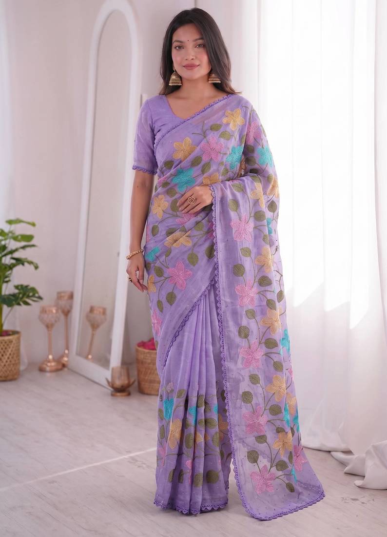  viscose crunchy silk blend saree with floral embroidery fancy lace border & swarovski diamond work