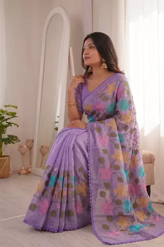  viscose crunchy silk blend saree with floral embroidery fancy lace border & swarovski diamond work