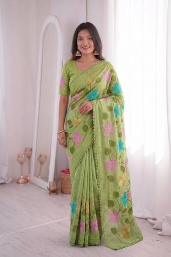 Designer viscose crunchy silk blend saree with floral embroidery, fancy lace border & swarovski diamond work