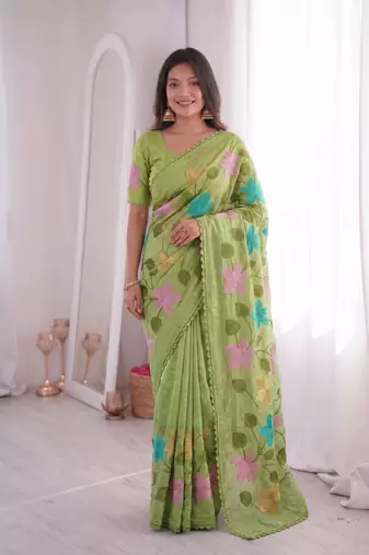  viscose crunchy silk blend saree with floral embroidery fancy lace border & swarovski diamond work