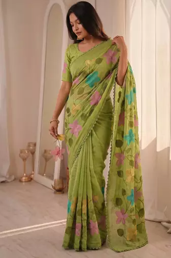  viscose crunchy silk blend saree with floral embroidery fancy lace border & swarovski diamond work