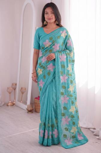  viscose crunchy silk blend saree with floral embroidery fancy lace border & swarovski diamond work