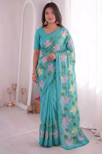 Designer viscose crunchy silk blend saree with floral embroidery, fancy lace border & swarovski diamond work