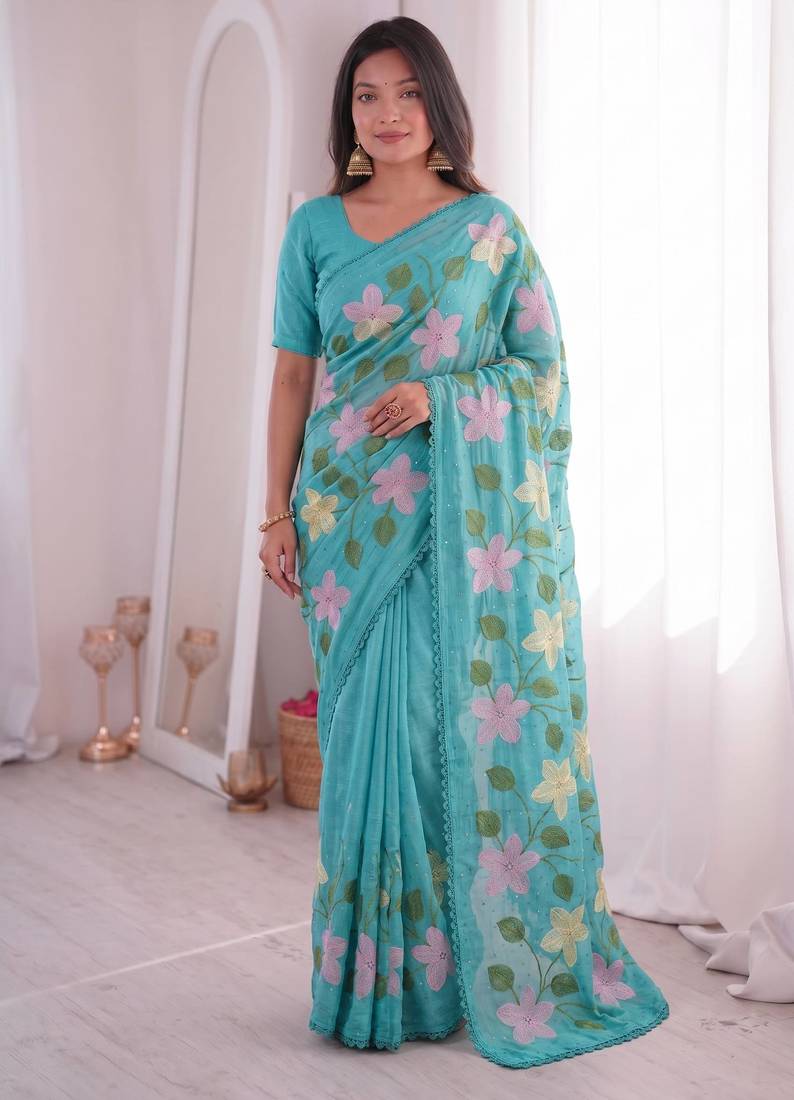  viscose crunchy silk blend saree with floral embroidery fancy lace border & swarovski diamond work