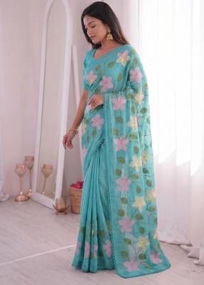  viscose crunchy silk blend saree with floral embroidery fancy lace border & swarovski diamond work 2