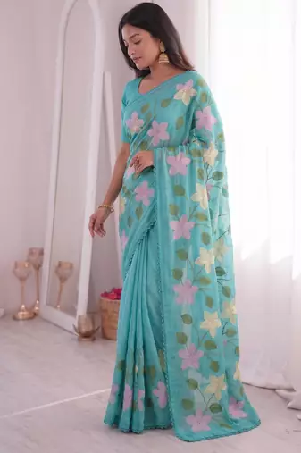  viscose crunchy silk blend saree with floral embroidery fancy lace border & swarovski diamond work