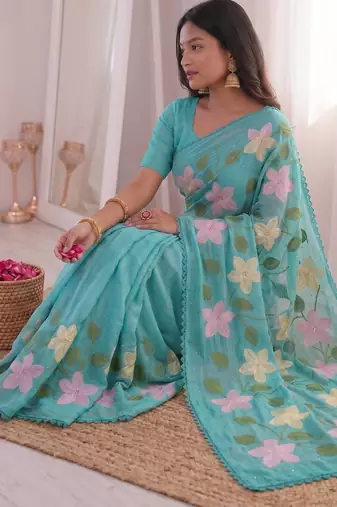  viscose crunchy silk blend saree with floral embroidery fancy lace border & swarovski diamond work