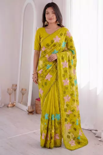Designer viscose crunchy silk blend saree with floral embroidery, fancy lace border & swarovski diamond work