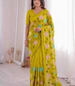 Designer viscose crunchy silk saree with floral embroidery, fancy lace border & swarovski diamond work