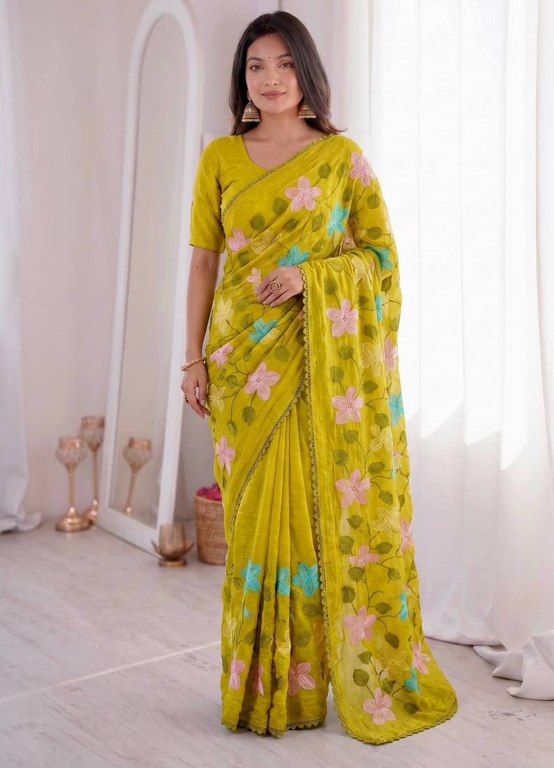 Designer viscose crunchy silk saree with floral embroidery, fancy lace border & swarovski diamond work