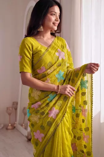  viscose crunchy silk blend saree with floral embroidery fancy lace border & swarovski diamond work