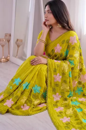  viscose crunchy silk blend saree with floral embroidery fancy lace border & swarovski diamond work