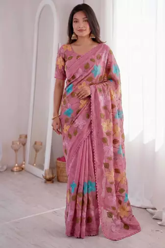 Designer viscose crunchy silk blend saree with floral embroidery, fancy lace border & swarovski diamond work