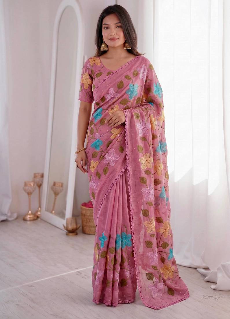 Designer viscose crunchy silk saree with floral embroidery, fancy lace border & swarovski diamond work