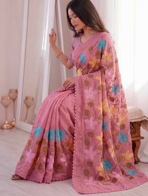  viscose crunchy silk blend saree with floral embroidery fancy lace border & swarovski diamond work 2