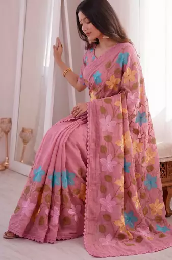  viscose crunchy silk blend saree with floral embroidery fancy lace border & swarovski diamond work