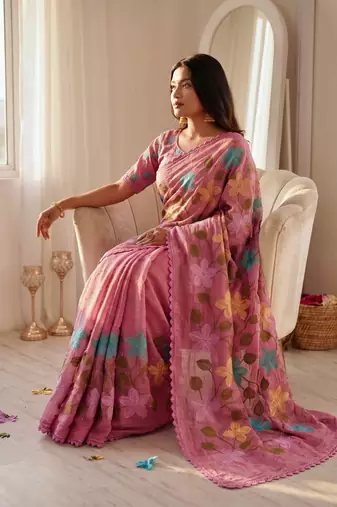  viscose crunchy silk blend saree with floral embroidery fancy lace border & swarovski diamond work