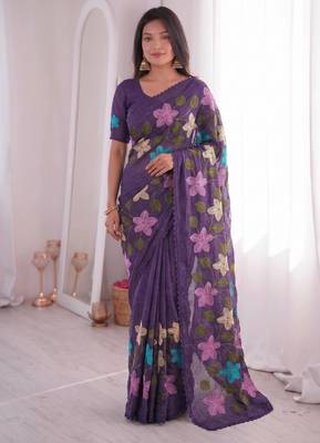  viscose crunchy silk blend saree with floral embroidery fancy lace border & swarovski diamond work 1