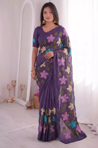 Designer viscose crunchy silk blend saree with floral embroidery, fancy lace border & swarovski diamond work