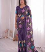 Designer viscose crunchy silk saree with floral embroidery, fancy lace border & swarovski diamond work