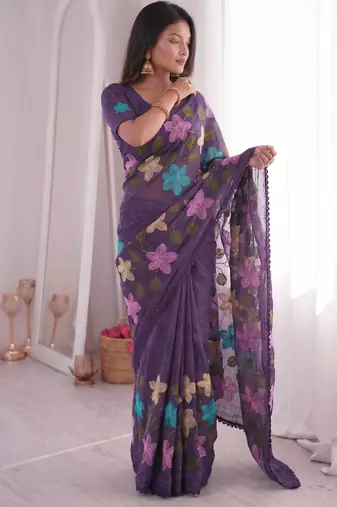  viscose crunchy silk blend saree with floral embroidery fancy lace border & swarovski diamond work