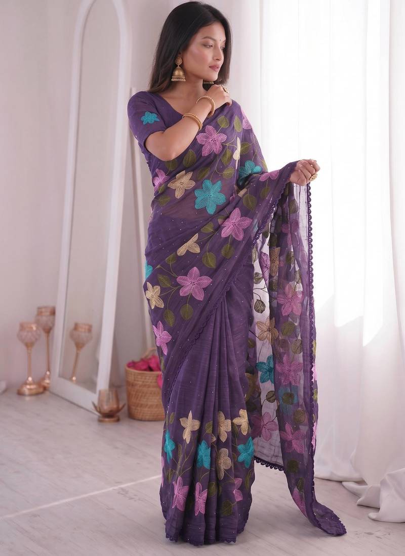 Designer viscose crunchy silk saree with floral embroidery, fancy lace border & swarovski diamond work