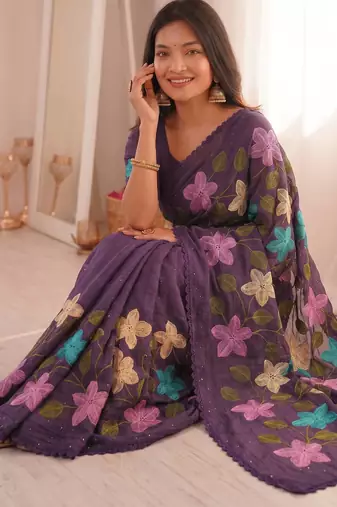  viscose crunchy silk blend saree with floral embroidery fancy lace border & swarovski diamond work